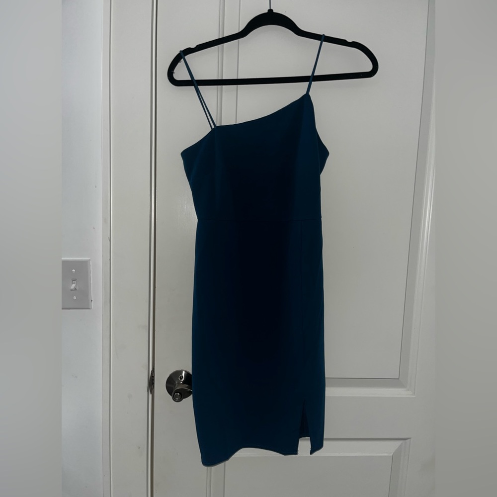 Dark Aquamarine bodycon dress, small slit and tilted neckline.